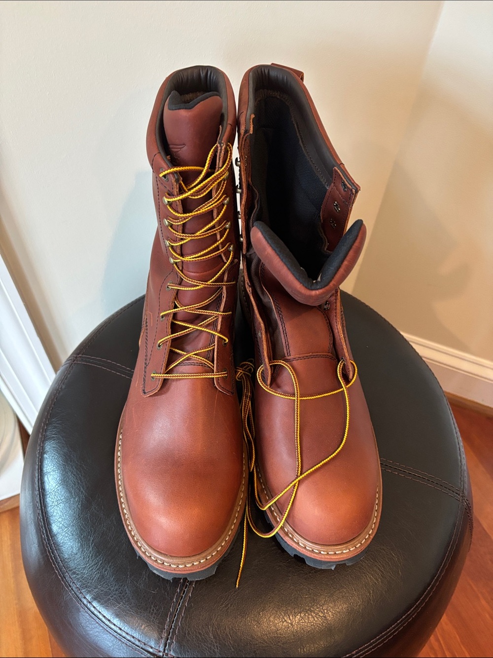 Red Wing 217 Men's Brown Leather Work Boots with Yellow Contrast Laces 14 EE